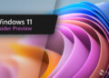 تصویر گرافیکی تبلیغاتی Windows 11 Insider Preview که شامل لایههای انتزاعی و رنگارنگ شیشهای در پسزمینه و عبارت Windows 11 Insider Preview در یک کادر مستطیلی مشکی است.