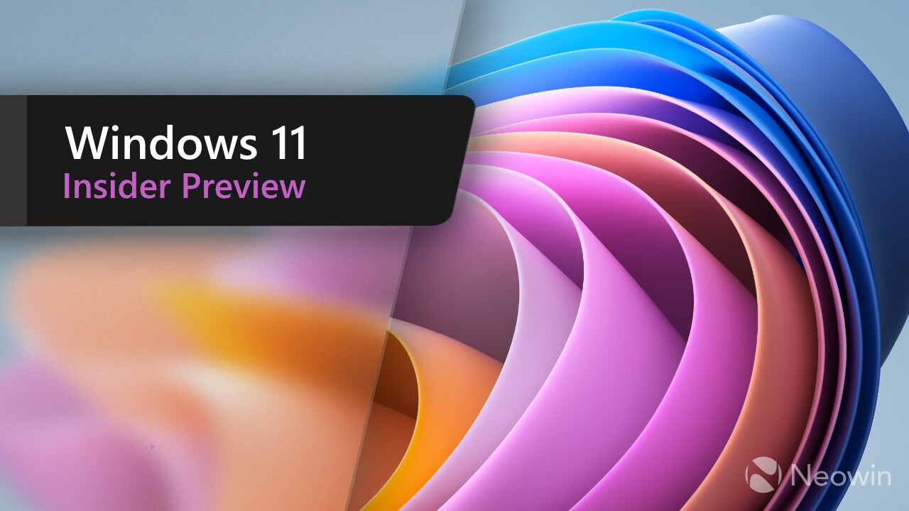 تصویر گرافیکی تبلیغاتی Windows 11 Insider Preview که شامل لایههای انتزاعی و رنگارنگ شیشهای در پسزمینه و عبارت Windows 11 Insider Preview در یک کادر مستطیلی مشکی است.