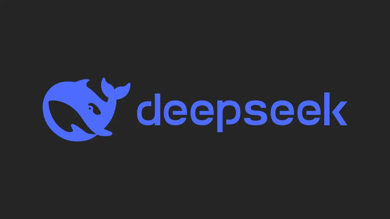 لوگوی متنی و نماد نهنگ آبیرنگ هوش مصنوعی DeepSeek در مقابل پسزمینه خاکستری تیره.