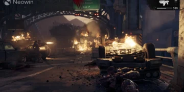 اسکرینشات گیمپلی از صحنه نبرد و تیراندازی بازی Gears of War: E-Day در خیابانی ویرانشده با ماشینهای آتشگرفته، تابلو خروجی بزرگراه و لوگوی Neowin