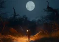گرالت از ریویا مشعل به دست در حال قدم زدن در یک مسیر جنگلی تاریک زیر نور ماه کامل در بازی The Witcher 3.
