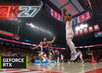 صحنه‌ای پرتحرک از گیم‌پلی بازی بسکتبال NBA 2K27 با شبیه‌سازی پرش بازیکن زیر حلقه و لوگوی GeForce RTX انویدیا.