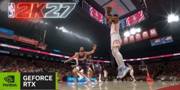 صحنهای پرتحرک از گیمپلی بازی بسکتبال NBA 2K27 با شبیهسازی پرش بازیکن زیر حلقه و لوگوی GeForce RTX انویدیا.