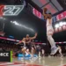 صحنه‌ای پرتحرک از گیم‌پلی بازی بسکتبال NBA 2K27 با شبیه‌سازی پرش بازیکن زیر حلقه و لوگوی GeForce RTX انویدیا.