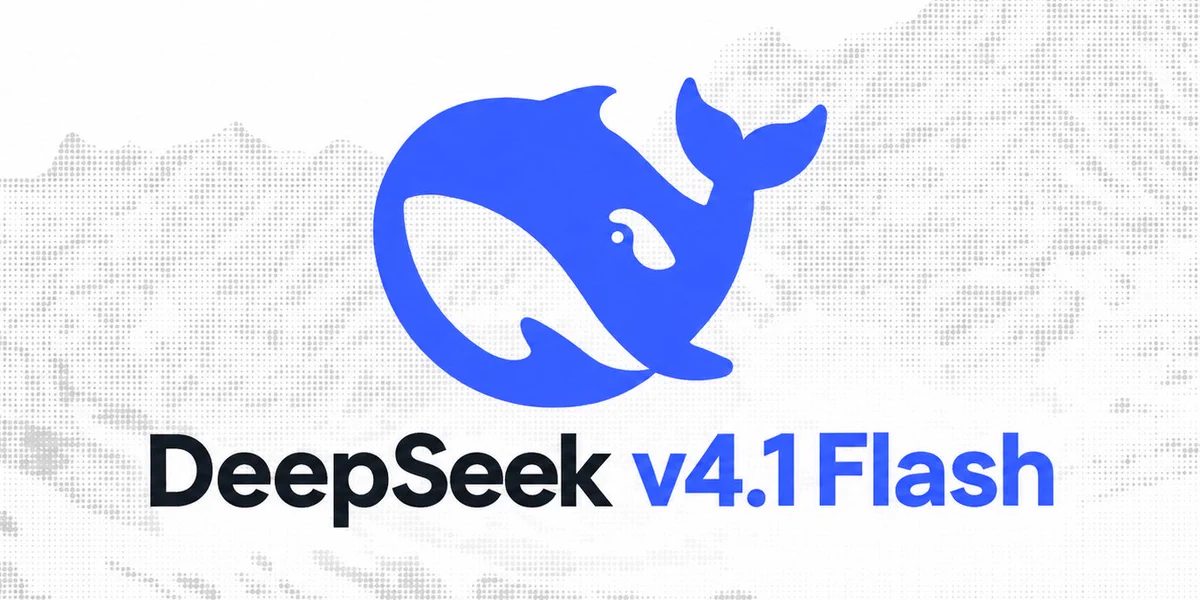 لوگوی مدل هوش مصنوعی DeepSeek v4.1 Flash شامل نشان آبیرنگ نهنگ روی پسزمینه سفید با الگوی نقطهای و طرح کمرنگ کوهستان.
