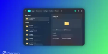 پنجره بازطراحی‌شده و تیره جست‌وجوی فایل ویندوز در حال نمایش شورت‌کات پوشه‌ها روی پس‌زمینه گرادیان آبی و سبز