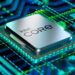 پردازنده نقرهای Intel Core روی مدار چاپی و بردی با الگوهای نوری سبز و آبی نئونی.