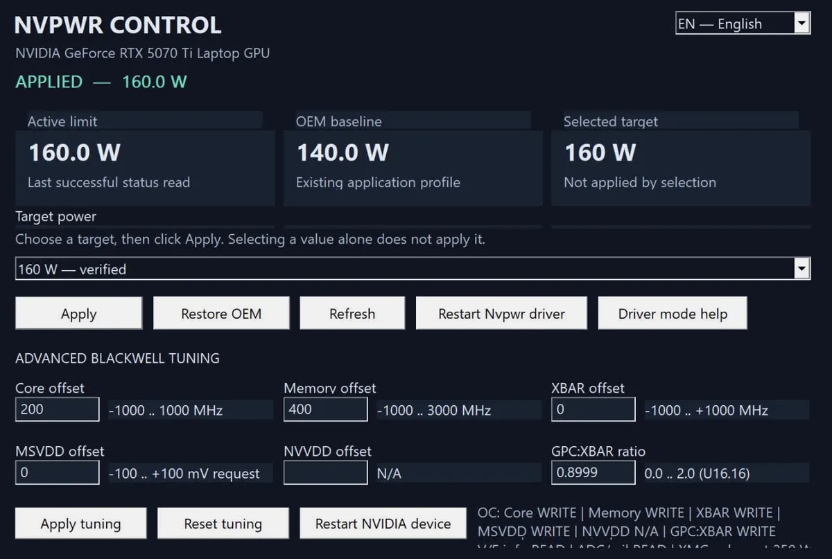 نرمافزار مدیریت توان انویدیا NVPWR CONTROL در حال تنظیم توان مصرفی کارت گرافیک لپتاپ RTX 5070 Ti روی ۱۶۰ وات
