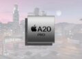لوگوی پردازنده A20 Pro اپل بر روی نمای مه‌آلود از شهر لوس سانتوس و هلیکوپتر در پس‌زمینه مربوط به اجرای امولاتور بازی GTA V