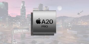 لوگوی پردازنده A20 Pro اپل بر روی نمای مهآلود از شهر لوس سانتوس و هلیکوپتر در پسزمینه مربوط به اجرای امولاتور بازی GTA V