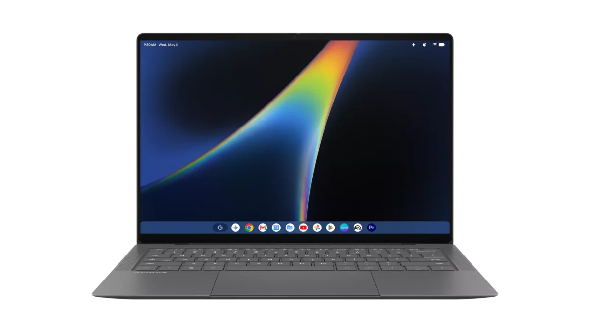 لپتاپ Googlebook 14 ایسوس با نمایشگر روشن، صفحهکلید و تاچپد بزرگ از نمای سهرخ