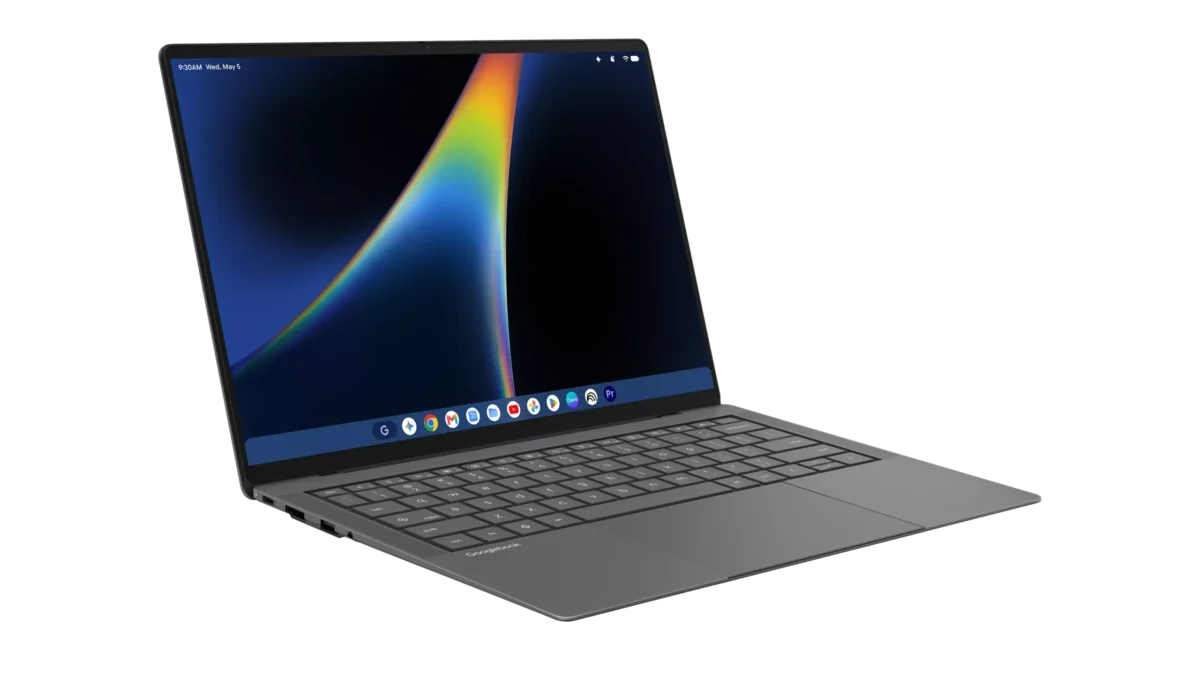 لپتاپ Googlebook 14 ایسوس با نمایشگر روشن، صفحهکلید و تاچپد بزرگ از نمای سهرخ