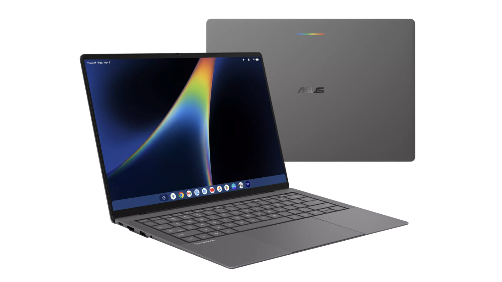 نمای باز و بسته Googlebook 14 ایسوس با طراحی فوقسبک، نمایشگر بزرگ و بدنه خاکستری