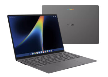 نمای باز و بسته Googlebook 14 ایسوس با طراحی فوق‌سبک، نمایشگر بزرگ و بدنه خاکستری