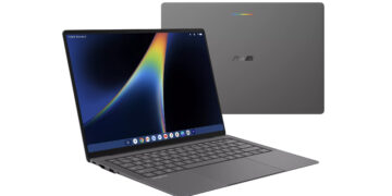 نمای باز و بسته Googlebook 14 ایسوس با طراحی فوقسبک، نمایشگر بزرگ و بدنه خاکستری