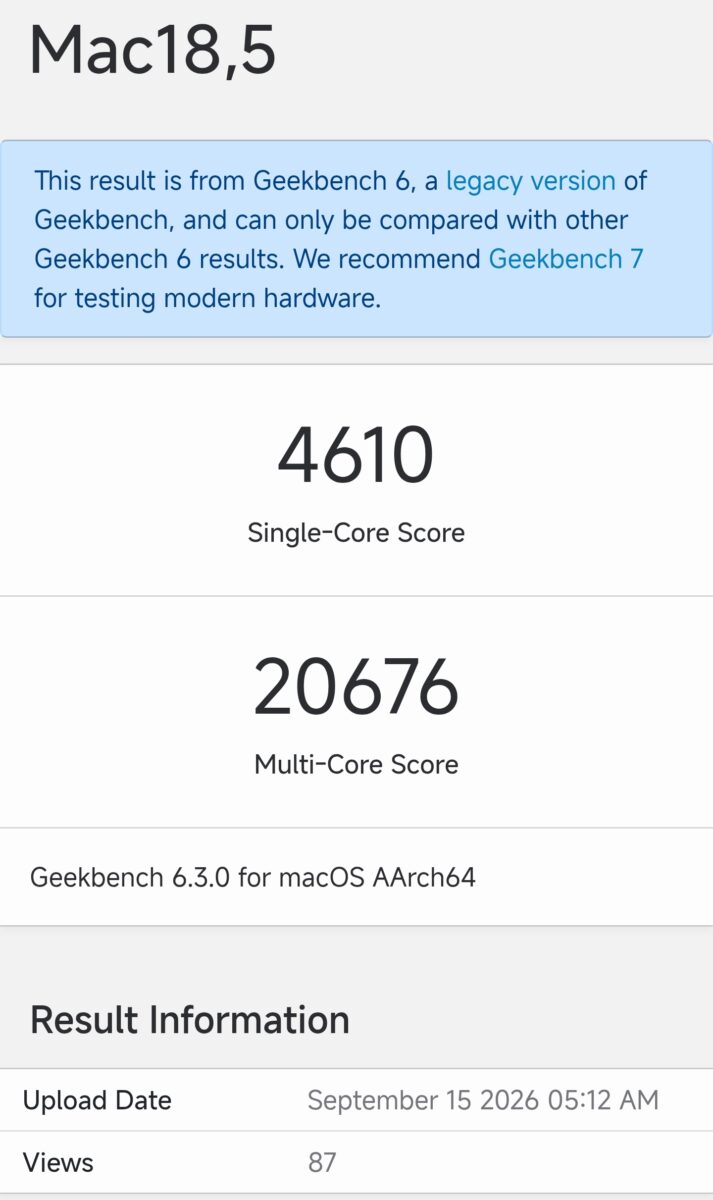 نتیجه بنچمارک Geekbench 6 سیستم Mac18,5 با تراشه احتمالا M6، امتیاز تک هسته‌ای 4610 و چند هسته‌ای 20676 که در تاریخ 15 سپتامبر 2026 آپلود شده است