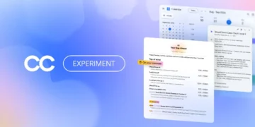 تصویر گرافیکی تبلیغاتی CC Experiment با پسزمینه آبی-بنفش گرادیانی که نمایشدهنده چند پنجره شناور از برنامههای گوگل مانند تقویم، وظایف و دستیار هوشمند روزانه است.