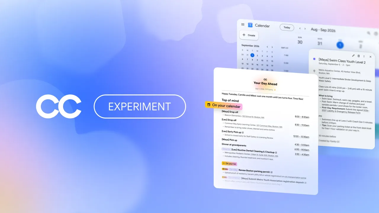 تصویر گرافیکی تبلیغاتی CC Experiment با پسزمینه آبی-بنفش گرادیانی که نمایشدهنده چند پنجره شناور از برنامههای گوگل مانند تقویم، وظایف و دستیار هوشمند روزانه است.