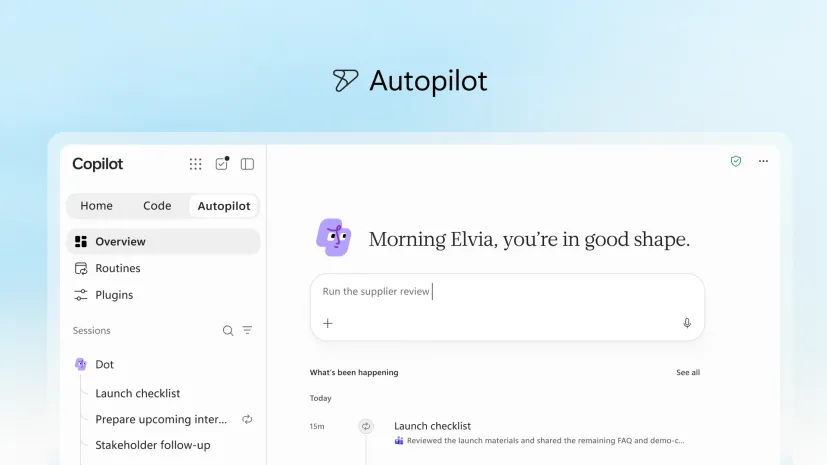 رابط کاربری روشن مایکروسافت کوپایلوت بخش Autopilot با کادر متنی ورودی دستور، بخش کارهای امروز و نماد چهره کارتونی بنفش.