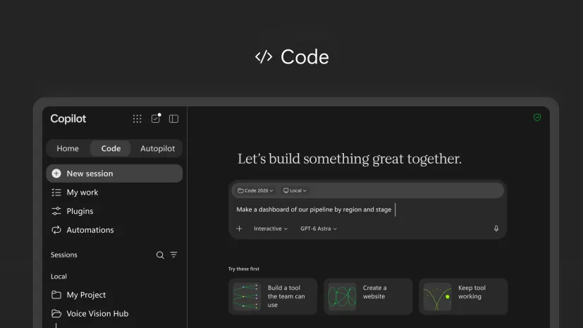 رابط کاربری حالت تیره مایکروسافت کوپایلوت بخش Code با فیلد متنی ورودی پرامپت، گزینههای ساخت ابزار و پنل کناری پروژهها.