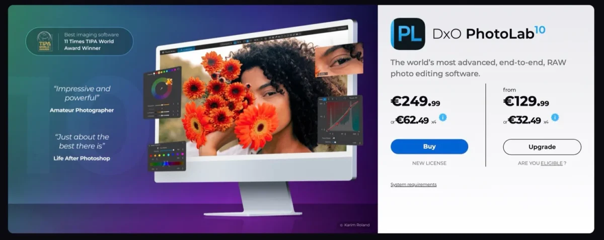صفحه فروش نرمافزار ویرایش عکس DxO PhotoLab 10 با قیمت لایسنس جدید ۲۴۹.۹۹ یورو و نسخه ارتقا از ۱۲۹.۹۹ یورو در کنار مانیتور نمایش عکس ویرایششده.