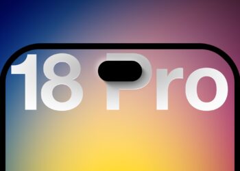 نمای نزدیک از قسمت بالای نمایشگر آیفون ۱۸ پرو، با نوشته‌ی “18 Pro” که حروف “i” و “o” آن با جزئیات Dynamic Island ادغام شده‌اند؛ پس‌زمینه دارای گرادیان رنگی از آبی تیره به زرد و بنفش است.