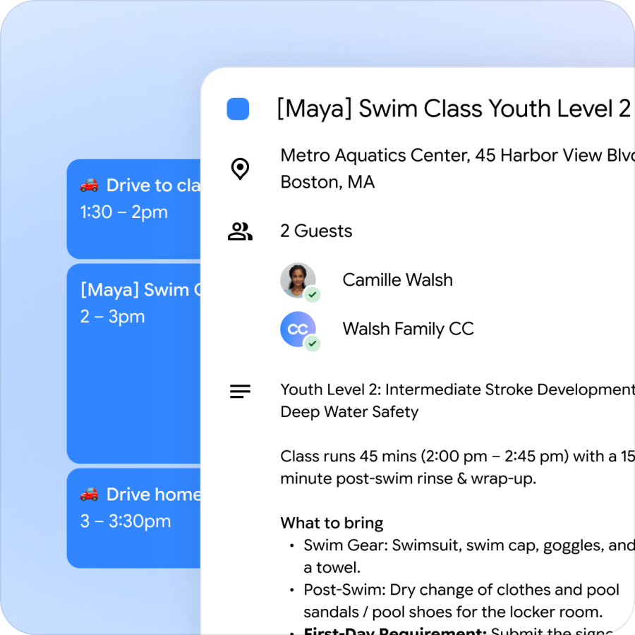 نمای ریزشده تقویم گوگل در کنار پنجره جزئیات رویداد کلاس شنا Maya در سطح Youth Level 2 در Metro Aquatics Center بوستون، شامل ساعت برگزاری، اطلاعات دو مهمان و فهرست وسایل لازم مانند لباس شنا و عینک.