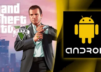پوستر بازی Grand Theft Auto V با تصویر مایکل دی سانتا مسلح به تپانچه در کنار لوگوی سیستم‌عامل اندروید در پس‌زمینه زرد و مشکی.