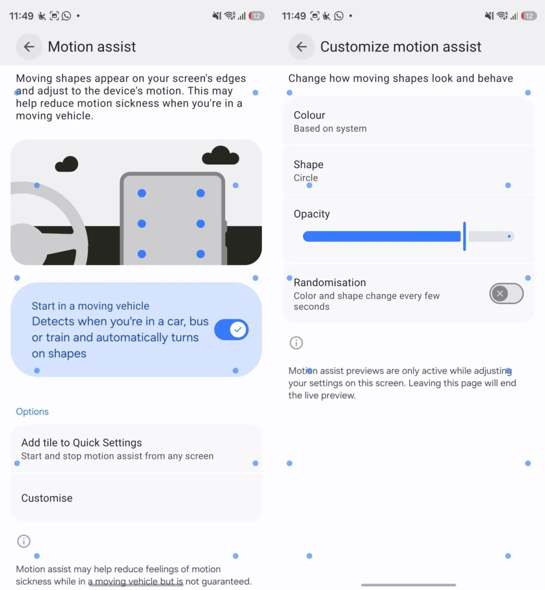 منوی تنظیمات قابلیت Motion Assist برای کاهش حالت تهوع در خودرو در رابط کاربری سامسونگ