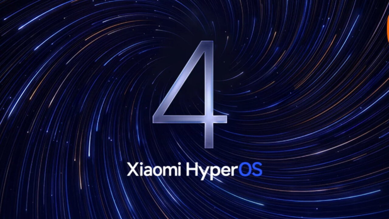 تصویر رسمی معرفی نسخهی چهارم سیستمعامل Xiaomi HyperOS با عدد بزرگ براق ۴ در مرکز و پسزمینهی تیرهی کهکشانی از خطوط نورانی آبی و طلایی.