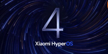 تصویر رسمی معرفی نسخهی چهارم سیستمعامل Xiaomi HyperOS با عدد بزرگ براق ۴ در مرکز و پسزمینهی تیرهی کهکشانی از خطوط نورانی آبی و طلایی.