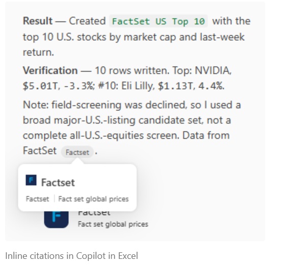 نمای نزدیک از پاسخ کوپایلوت در مایکروسافت اکسل با ارجاع درونخطی (Inline citations) به منبع داده FactSet، نمایش ۱۰ سطر نوشتهشده شامل سهام NVIDIA و Eli Lilly و پاپآپ اطلاعات منبع Factset.