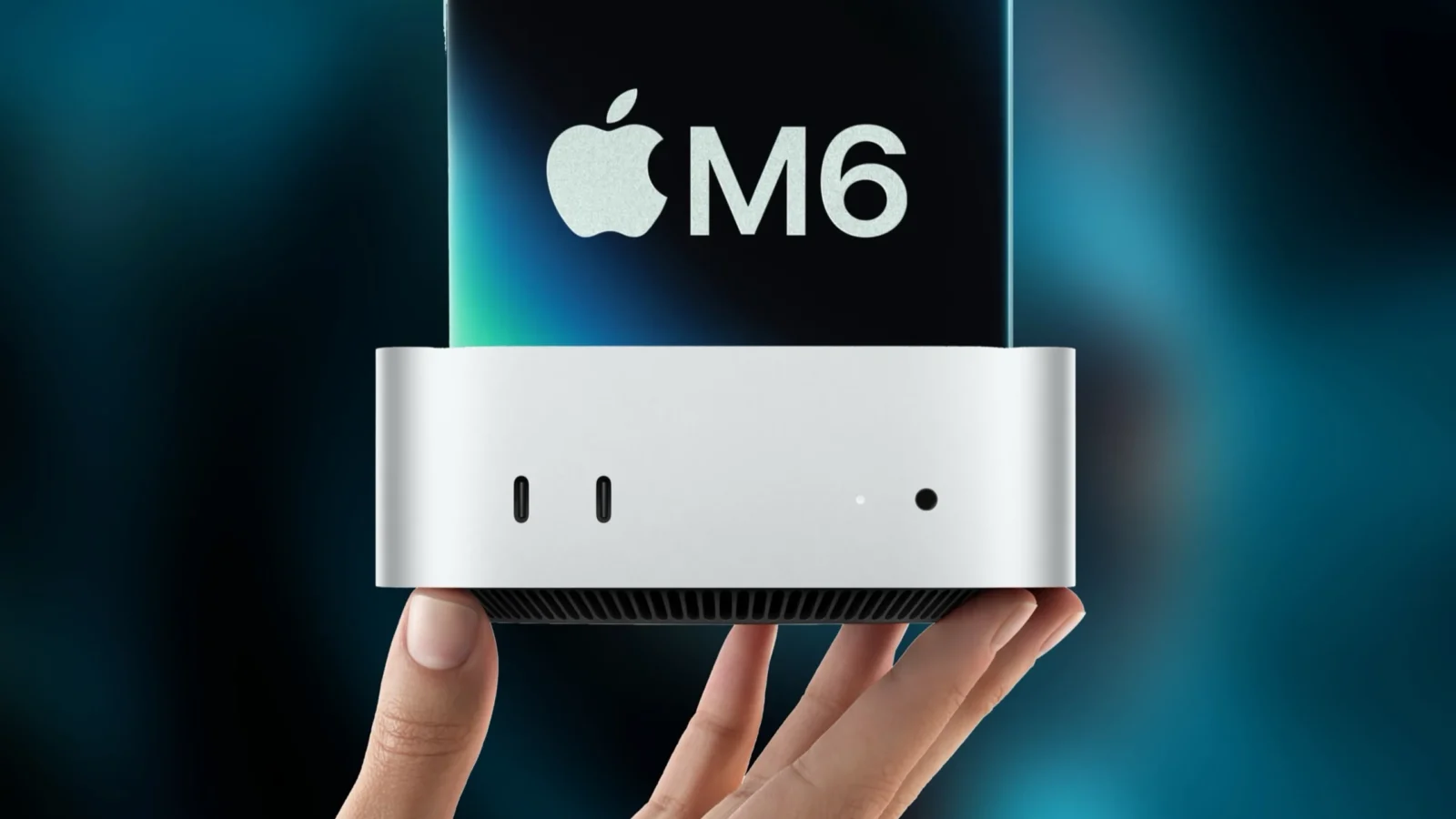 رندر مفهومی مک‌مینی جدید که یک دست آن را نگه داشته، با برچسب Apple M6 روی بدنه درخشان، نگاهی به درگاه‌های USB-C جلو و دریچه تهویه از نمای پایین
