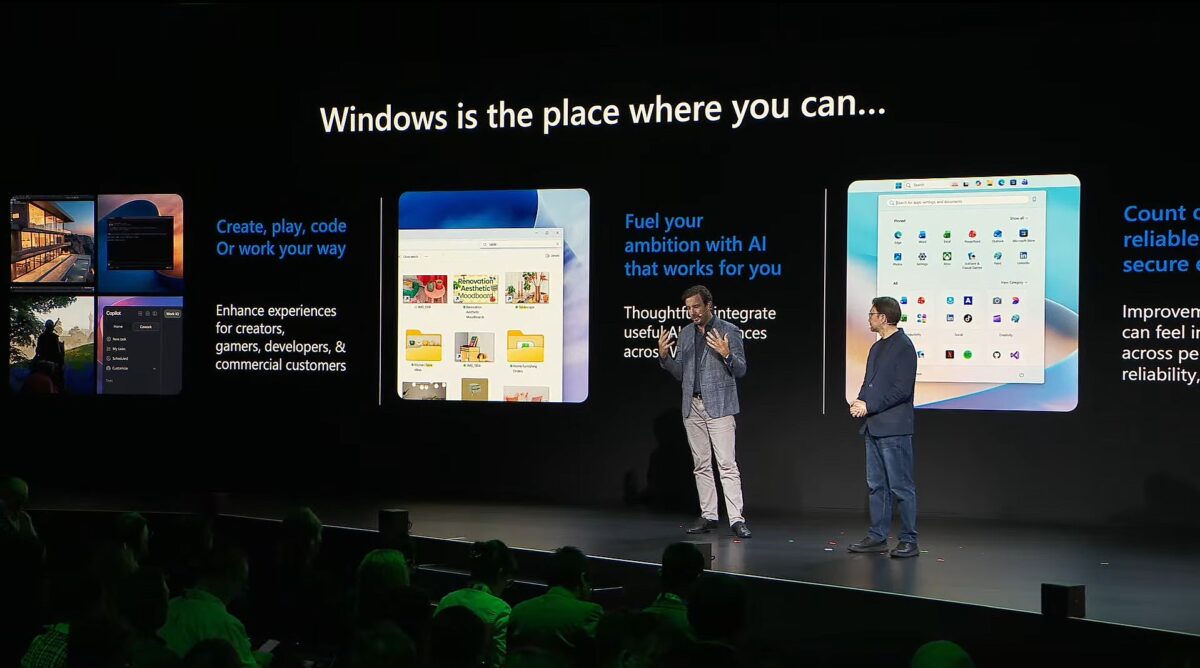 دو سخنران روی صحنه رویداد مایکروسافت در برابر نمایشگر بزرگ با تیتر Windows is the place where you can؛ اسلایدها قابلیتهای ویندوز شامل ایجاد، بازی و کدنویسی برای سازندگان و گیمرها، ادغام هوش مصنوعی در تجربههای کاربری و اپلیکیشنهای امن و قابل اعتماد را با اسکرینشاتهایی از Copilot و File Explorer و منوی Start نشان میدهند و تماشاگران در تاریکی نشستهاند.