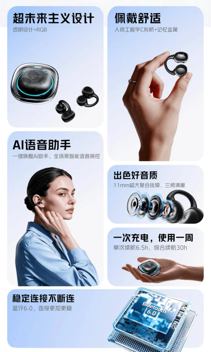 طراحی کلیپسی و کیس شفاف هدفون Nubia LiveClip 2