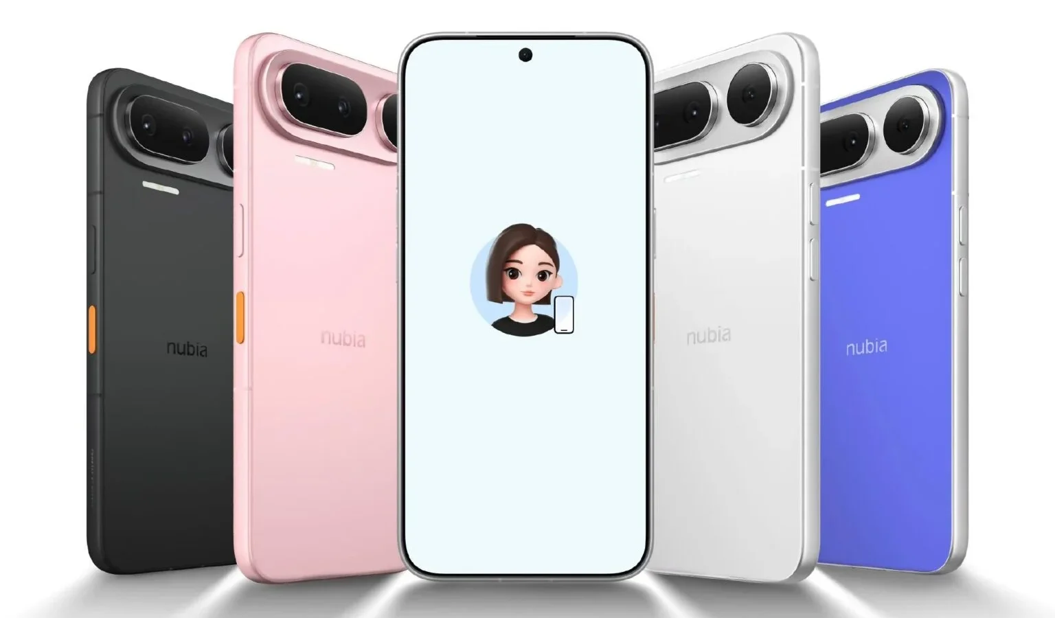 نمای پشت و جلوی گوشی هوشمند نوبیا NaviX Ultra در چهار رنگ مشکی، صورتی، سفید و آبی با ماژول دوربین دوگانه و حاشیههای بسیار باریک نمایشگر