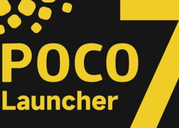 لوگوی نسخه هفت لانچر POCO با پس‌زمینه مشکی، ترکیبی از فونت زرد رنگ POCO Launcher، عدد بزرگ هفت و المان‌های مکعبی زرد در گوشه بالا سمت چپ.