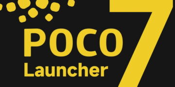 لوگوی نسخه هفت لانچر POCO با پسزمینه مشکی، ترکیبی از فونت زرد رنگ POCO Launcher، عدد بزرگ هفت و المانهای مکعبی زرد در گوشه بالا سمت چپ.