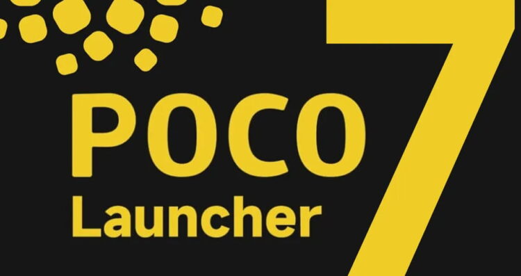 لوگوی نسخه هفت لانچر POCO با پس‌زمینه مشکی، ترکیبی از فونت زرد رنگ POCO Launcher، عدد بزرگ هفت و المان‌های مکعبی زرد در گوشه بالا سمت چپ.