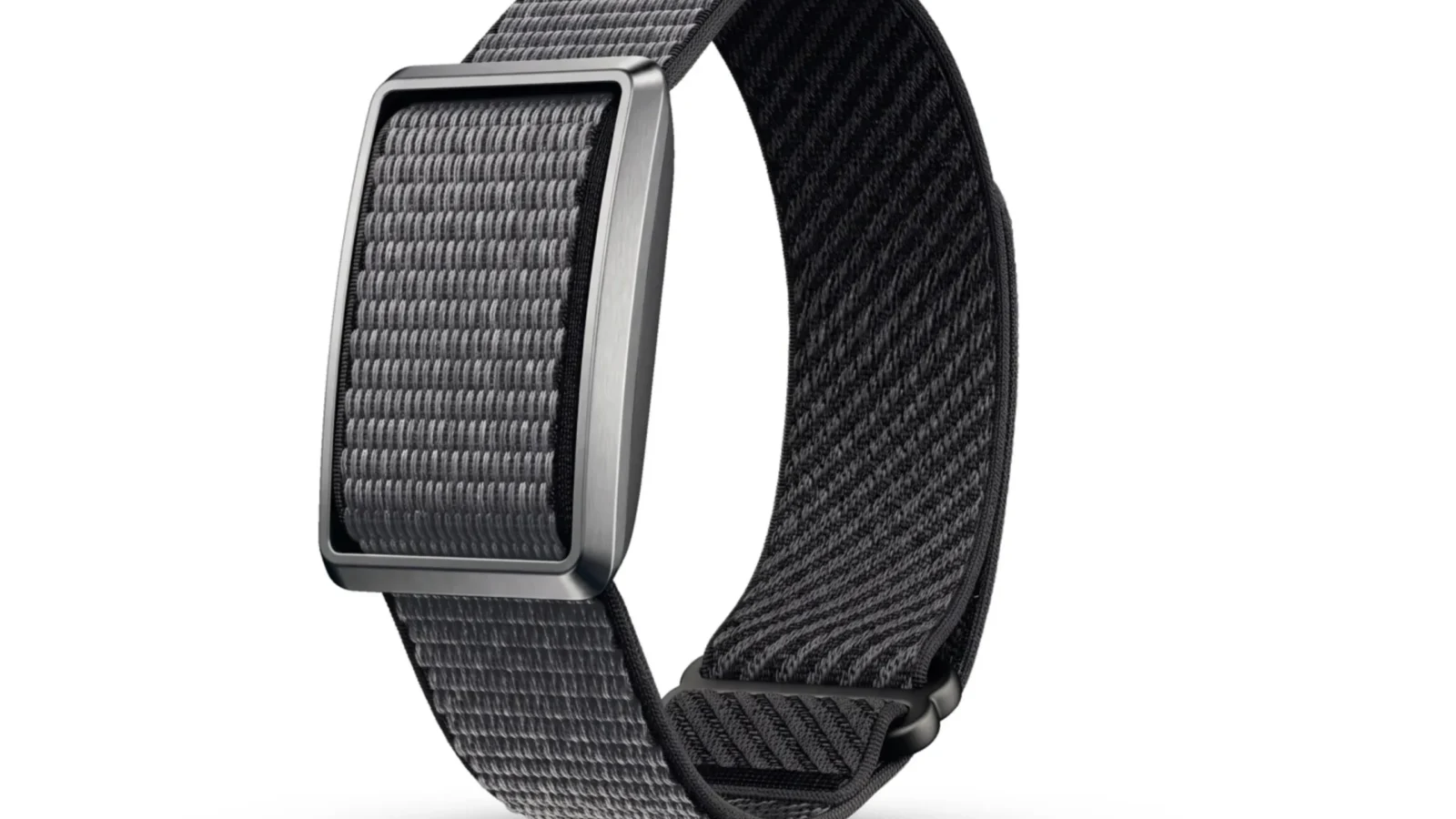 عکس محصول دستبند هوشمند Pebble Qore Ultra روی پسزمینه سفید. بند بافتهشده خاکستری تیره از داخل قاب فلزی مستطیلی عبور کرده، لایه داخلی بند مشکی و براق است و انتهای بند با یک سنجاق کوچک مشکی بسته میشود.