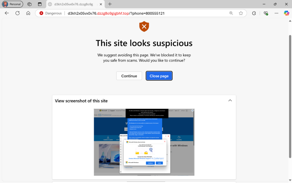 صفحه هشدار امنیتی مایکروسافت اج با علامت سپر قرمز و متن This site looks suspicious برای مسدودسازی یک وب‌سایت کلاهبرداری و پیش‌نمایش صفحه جعلی پشتیبانی مایکروسافت در پایین کادر.