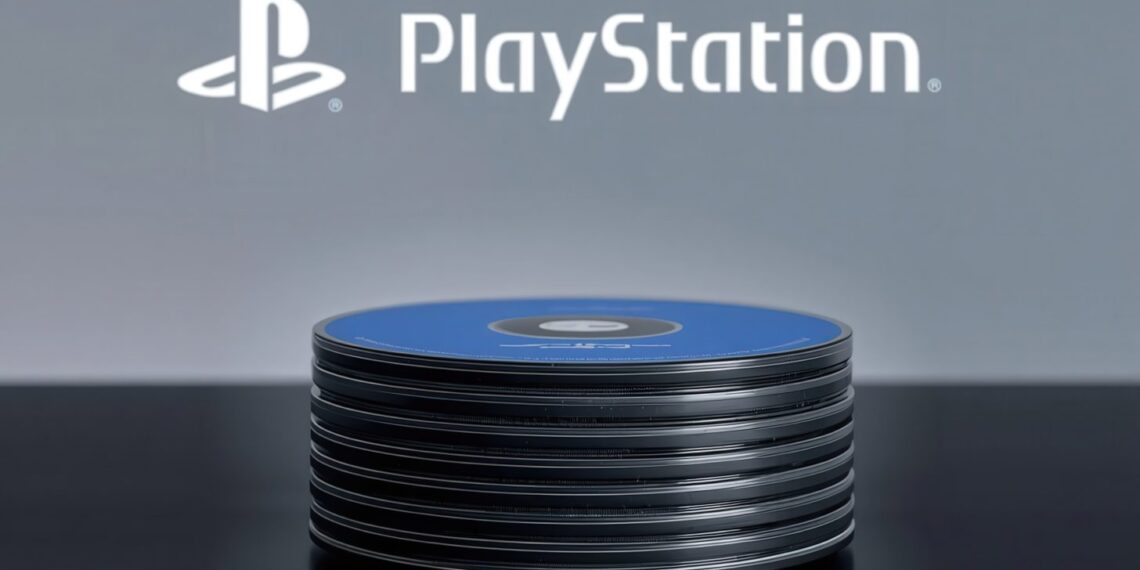 دسته‌ای از دیسک‌های بازی بلوری روی سطحی تیره در مقابل لوگوی سفید PlayStation روی پس‌زمینه خاکستری.