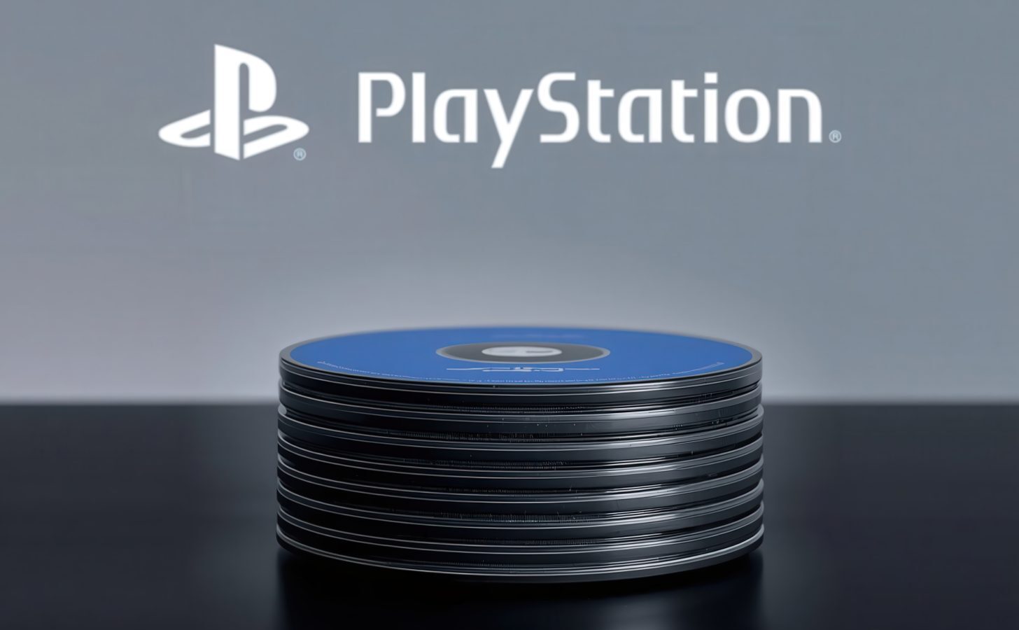 دسته‌ای از دیسک‌های بازی بلوری روی سطحی تیره در مقابل لوگوی سفید PlayStation روی پس‌زمینه خاکستری.