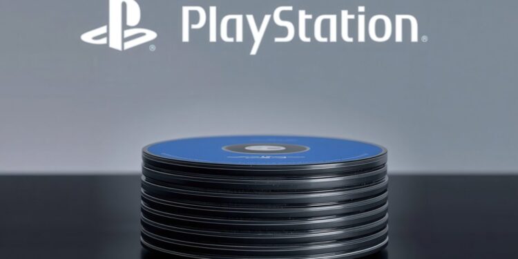 دسته‌ای از دیسک‌های بازی بلوری روی سطحی تیره در مقابل لوگوی سفید PlayStation روی پس‌زمینه خاکستری.
