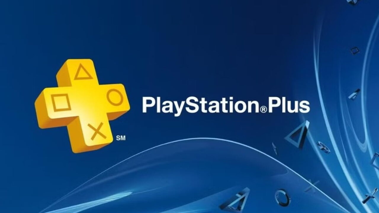 لوگوی سرویس اشتراک PlayStation Plus با آیکون زرد رنگ نشان + که نماد دکمه‌های کنترلر پلی‌استیشن را در دل خود دارد، در برابر پس‌زمینه آبی تیره با موج‌های نرم و نمادهای شکل‌های کنترلر معلق در فضا.