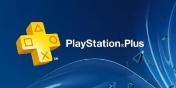 لوگوی سرویس اشتراک PlayStation Plus با آیکون زرد رنگ نشان + که نماد دکمههای کنترلر پلیاستیشن را در دل خود دارد، در برابر پسزمینه آبی تیره با موجهای نرم و نمادهای شکلهای کنترلر معلق در فضا.