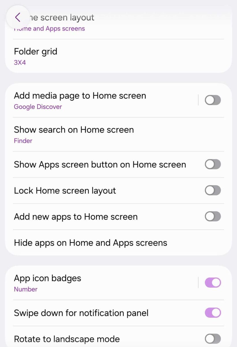 اسکرینشات فهرست کامل تنظیمات صفحه اصلی (Home screen layout) در رابط کاربری سامسونگ؛ شامل گزینههای شبکه پوشهها، دیسکاور گوگل، نوار جستجو، قفل چیدمان، نشان اعلان برنامهها و حالت افقی.