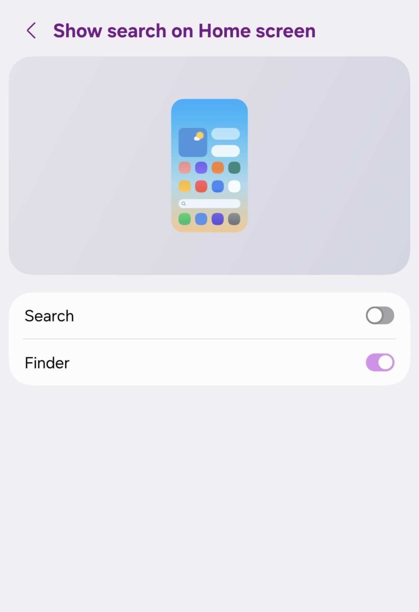 اسکرینشات منوی تنظیمات Show search on Home screen در رابط کاربری One UI سامسونگ؛ نمایش پیشنمایش گرافیکی صفحه اصلی گوشی و کلیدهای فعالسازی جستجوی یکپارچه و بخش فایندر (Finder).