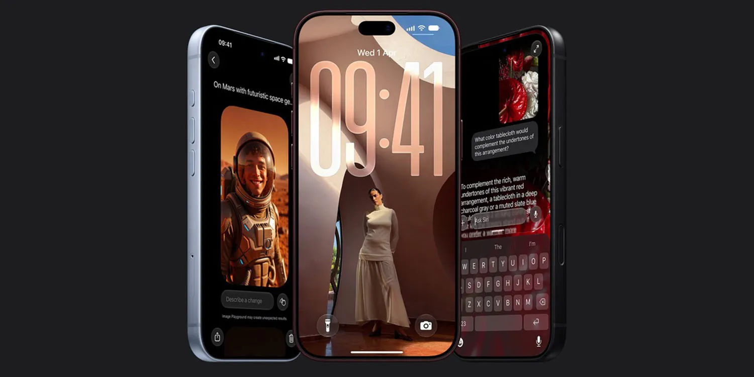 سه iPhone 18 Pro کنار هم نمایش داده شدهاند و هر سه روی صفحه قفل یا رابطهای مبتنی بر تصویر و هوش مصنوعی دیده میشوند.