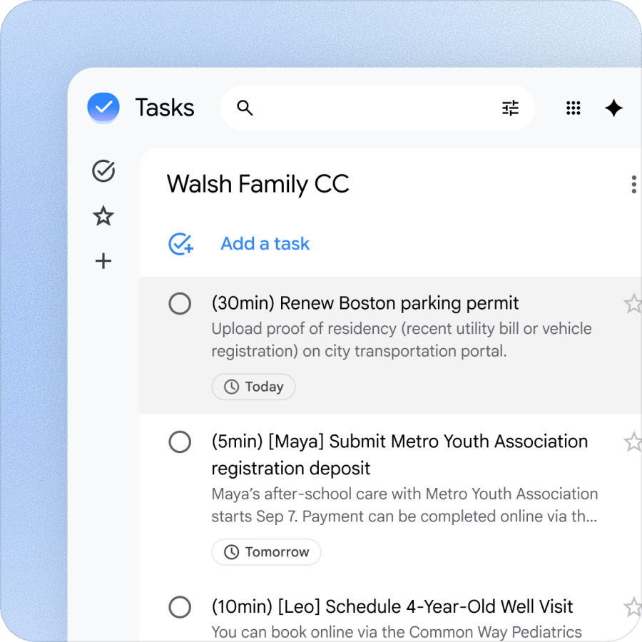 رابط کاربری اپلیکیشن Google Tasks روی پسزمینه آبی روشن که فهرست وظایف خانوادگی Walsh Family CC را نمایش میدهد؛ شامل تودهای مانند تمدید مجوز پارک بوستون، ثبت وثیقه ثبتنام مایا و برنامهریزی ویزیت پزشکی لئو با برچسبهای زمانی Today و Tomorrow.